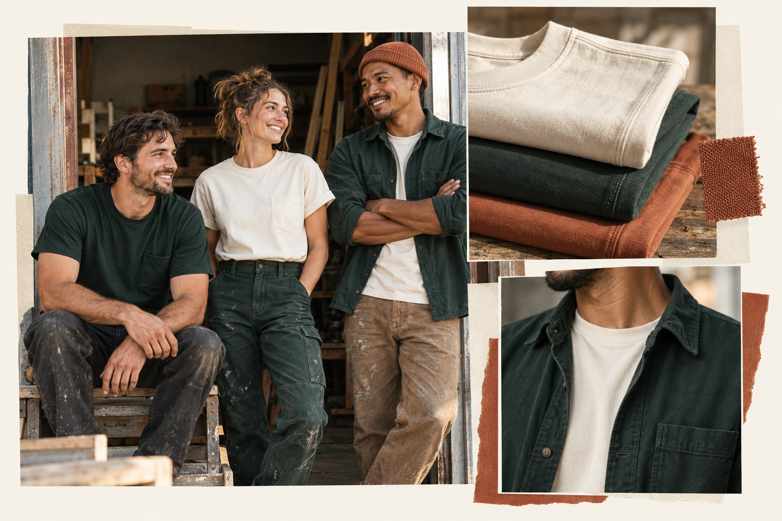 Illustrative collage of a crew in forest and cream workwear, folded cotton shirts, and an overshirt detail.